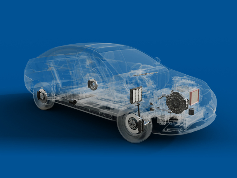 Прозорий вигляд азіатського автомобіля, де видно фільтри, гальма та зчеплення всередині